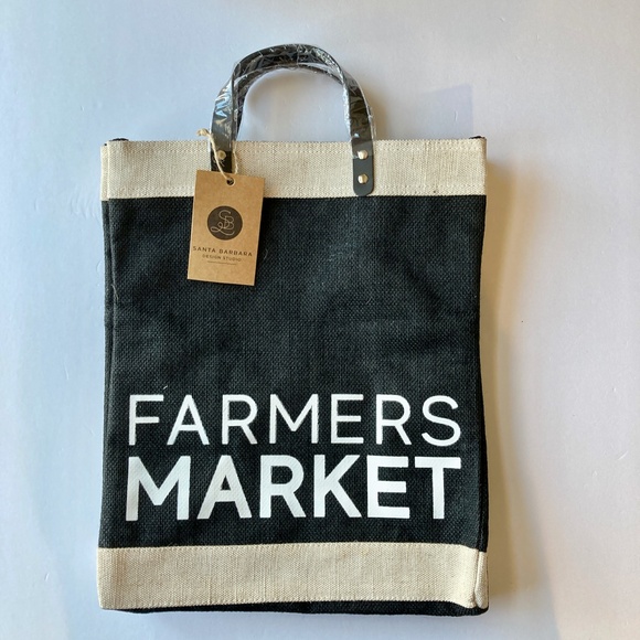 NWT Farmers Market Tote Santa Barbara Design Studio Black Tan Jute Leather 18H - Picture 3 of 15